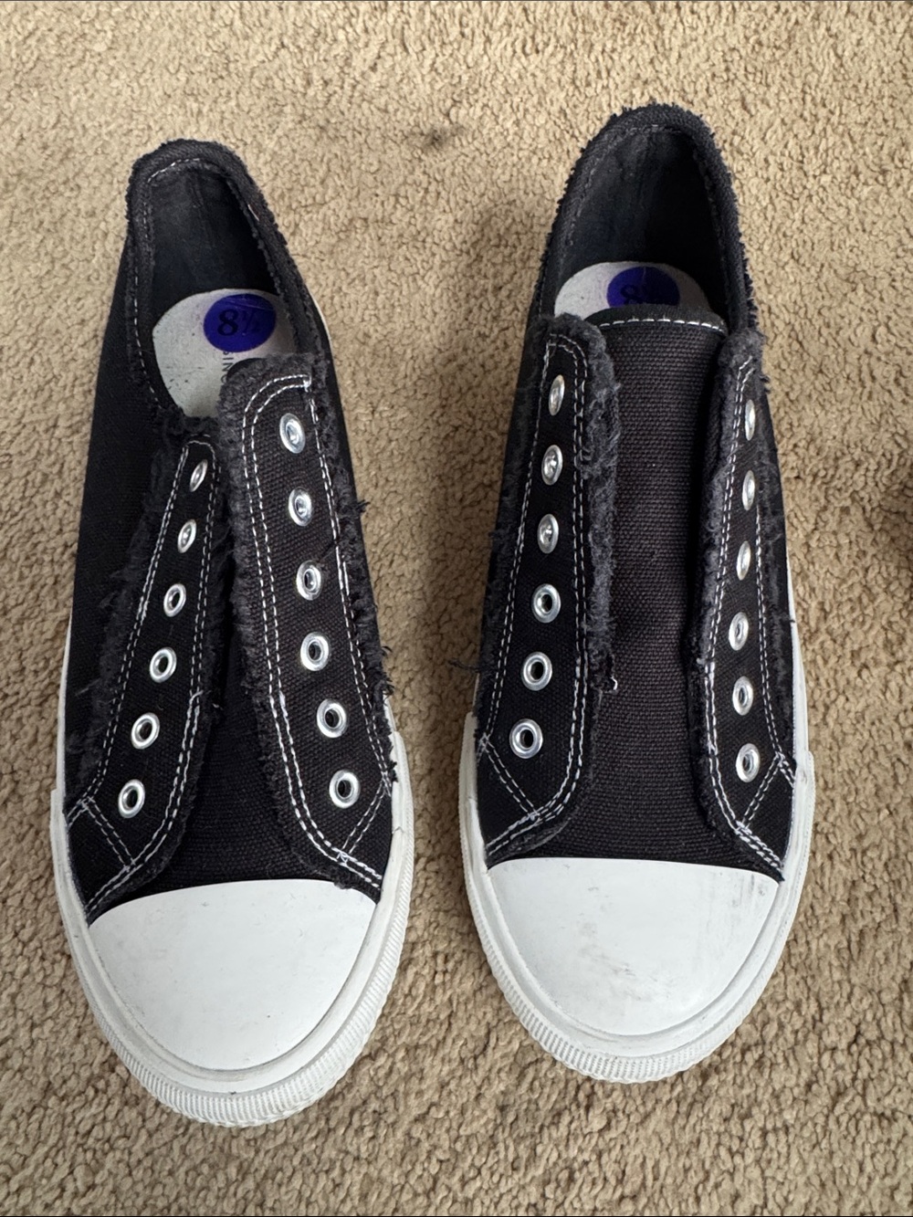 Woman’s  Black Canvas Slip-On Sneakers with White Toe Cap size 8.5
